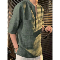 เสื้อโปโลผ้าลินินคอตั้งสีเขียวเทอร์ควอยซ์สำหรับผู้ชาย เสื้อเชิ้ตแขนสั้นน้ำหนักเบาสำหรับฤดูร้อน สไตล์