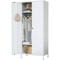Metal Wardrobe, Storage Cabinet with Hanging Rod，Armoire with Magnetic Door and 2 Freely Adjustable Shelves