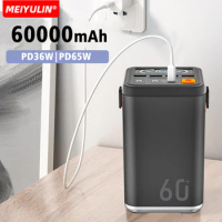 PD65W 60000mAh Power Bank Fast Charging Powerful External Spare Battery Emergency Outdoor Powerbank For Laptop iPhone Samsung