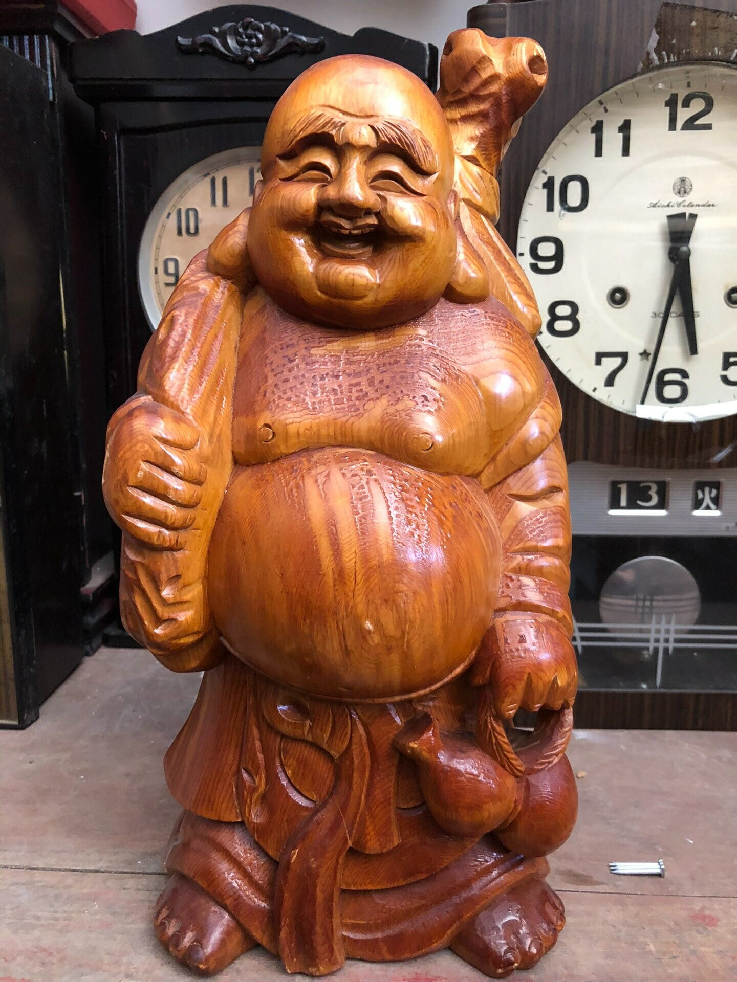 CY524 時代物【秋清 作】銅製 布袋和尚立像 高24.3cm 重3.3kg