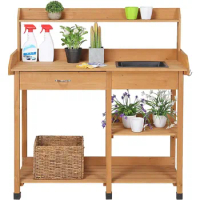 Potting Benches Outdoor Garden Potting Table Work Bench with Removable Sink Drawer Rack Shelves Work Station, Wood