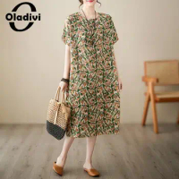 Oladivi Fashion Women's Short Sleeve Cotton Linen Midi Dress 2023 Summer New Casual Loose Dresses Ladies Oversized Clothing 6667