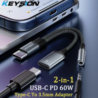 KEYSION 2 in 1 Type C to 3.5mm Earphone DAC Audio Type C Headphone Jack Adapter PD60W Fast Charging Splitter for iPhone 15 Pro