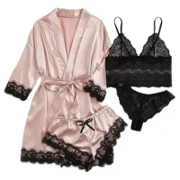 Lingerie Set With Robe 4pcs Women's Sleepwear Robe Soft And Comfortable Women's Pajama Sets For Women Girls For Home Dorm
