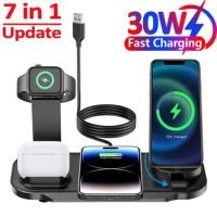 7 in 1 30W Wireless Charger Stand Pad For iPhone 15 14 Samsung Xiaomi Apple Watch 8 7 6 Airpods Pro Fast Charging Dock Station