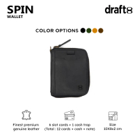 SPIN wallet. A veg tan leather, vertical and compact wallet, openable metal zipper, zip leather stra
