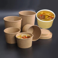 50pcs/pack Large Capacity Disposable Kraft Paper Bowl Eco Takeaway Food Package Paper Cup Paper Lunch Box