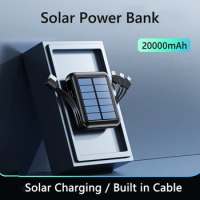Solar Power Bank 20000mAh Portable Solar Charging Powerbank Built Cables Camping Light External Battery for iPhone 15 13 12 Mini