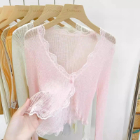 Dalan knitted sweater with lace trim, long-sleeved cardigan for women, summer thin shawl, short sun 