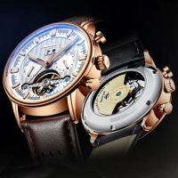 AILANG Top Brand Luxury Mechanical Watch Men's Brown Leather Watch Waterproof Fashion Automatic Tourbillon Watch Week Calendar