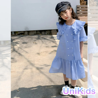 【UniKids】中大童裝短袖洋裝 細格翻領公主袖魚尾裙 女大童裝 VW23023(格子裙)