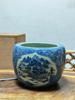 日本中古回流手繪青花山水火缽火入 燒香爐 可做茶葉罐