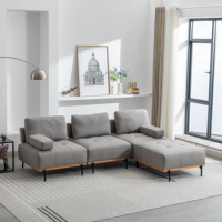 L-Shape Sectional Sofa 3-Seater Couches with a Removable Ottoman, Comfortable Fabric for Living Room, Apartment, Grey