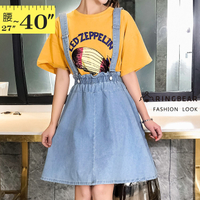 牛仔裙--休閒個性鬆緊木耳邊裙頭A字吊帶牛仔吊帶裙(藍M-5L)-Q109眼圈熊中大尺碼