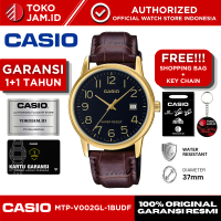 Jam Tangan Pria Casio MTP-V002GL-1BUDF Original Analog Black Dial Gold Tone Leather Strap Date Displ