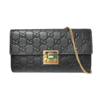 【GUCCI 古馳】779774 經典Padlock雙G LOGO牛皮金扣鏈帶WOC斜背手拿包(黑色)
