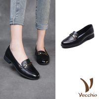 【Vecchio】真皮樂福鞋 低跟樂福鞋/全真皮羊皮時尚釦飾低跟小皮鞋 樂福鞋(黑)