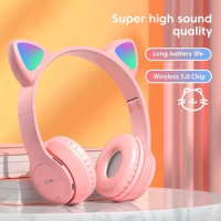 Cute Cat Ear Bluetooth Compatible Headset with LED Wireless Headset Children Girls Stereo Folding Sports Headset with Microphone