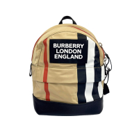 BURBERRY  品牌經典字母LOGO 黑色小牛皮拚尼龍格紋後背包(兒童款 背帶尺寸55CM)