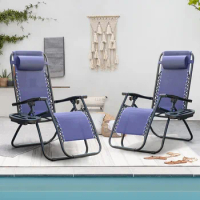 Lounge chair, outdoor lounge chair, with cup holder pillow, a set of 2-piece folding lounge chairs