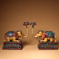 10"Tibetan Temple Collection Old Bronze Outline in gold Mosaic Gem Turquoise Elephant Statue A Pair Lotus Oil lamp Wax platform