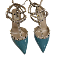 展示品 近全新VALENTINO 時尚鉚釘三環綁帶5公分高跟鞋(莫蘭迪藍)(36.5號)