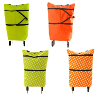 Portable Foldable Shopping Trolley Bag with Wheel Waterproof Oxford Cloth Tote Pouch Orange