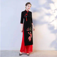 2024 Vietnam Ao Dai Cheongsam Traditional Oriental Dress Set Improved Vietnam Aodai Qipao Wide Leg Pants Two Piece Suit