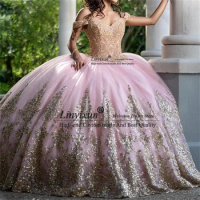 Mexican Pink Quinceanera Dress Gold Lace Applique Sequins Corset Sweet 16 Dress Ball Gown Lace Up Vestidos De XV 15 Anos