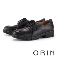 ORIN 真皮素面綁帶厚底樂福鞋 黑色