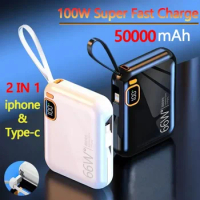 50000mah Portable Power Bank PD100W Detachable USB to TYPE C Cable Two-way Fast Charger Mini Powerbank for iPhone Xiaomi Samsung