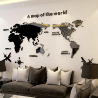 [COD] สติ๊กเกอร์ติดผนังอะคริลิค 3D ลายแผนที่โลก A map of the world สีดำ แต่งบ้าน แต่งออฟฟิส แผนที่ พ