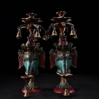 11"Tibetan Temple Collection Old Bronze Outline in gold Painted Gem Turquoise Ganesha oil lamp a pair Candle stand Town House