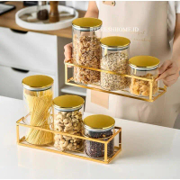 Briza Gold Jar wadah Toples Kaca tutup rak emas susun tiga ukuran
