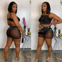 2022 New Arrival Sexy Club Young See Through Lace Diamonds Spaghetti Strap + Short Pants Skinny Women 2 Piece Set