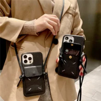 Luxury Litchi รูปแบบเย็บปักถักร้อยกระเป๋าสตางค์โทรศัพท์กรณีสำหรับ Iphone X XS 11 12 13Pro Max สายคล้องไหล่เชือกฝาปิด