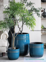 簡約藍色大型陶瓷落地花瓶創意花盆景觀園林裝飾插花擺件