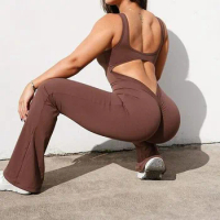 XS-XL V-Back Yoga Jumpsuits Build In Bra Sexy Hollow Out Lifting Hip Sport Bodysuits One-Piece Fitness Rompers With Scrunch Butt