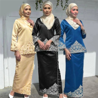 Fashion Women Two Pieces Abaya Sets Muslim Embroidery Satin Tops Skirts Modest Dress Dubai Party Gown Islam Clothing Baju Kurung