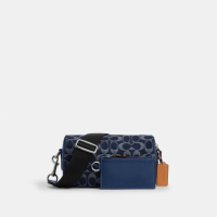 【COACH】蔻馳官方直營 AXEL經典Logo丹寧布斜背手袋-SV/丹寧藍色/深藍色(CY892)