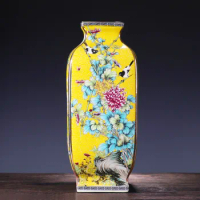 Antique Chinese Large Yellow Ceramic Flower Vase Four Sides Pattern Classical Porcelain Vase