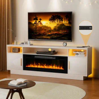 70'' TV Stand with 36'' Fireplace-LED Light Entertainment Center for 75+inch TV-White TV Cabinet with Storage, Modern TV Console
