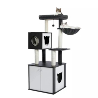 Multifunctional Cat Tree Modern Wood Cat Tower Scratching Tree with Cat Washroom Litter Box House