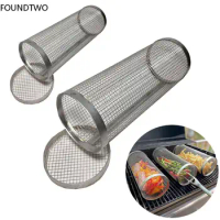 BBQ Basket Stainless Steel Rolling Grilling Basket Wire Mesh Cylinder Grill Basket Portable Round Outdoor Camping Barbecue Rack
