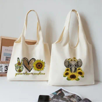 Sunflower Elephant Print Tote Bag Literature Book Flower Shoulder Bags Illustration Girl Book Bag Travel Harajuku Canvas Handbag