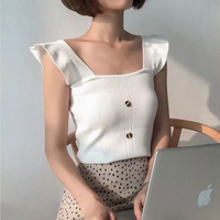 飛袖 遮手臂 針織 背心 單釦 顯瘦 上衣 T 遮副乳 性感 爆乳 百搭 彈性 一字領 韓國 ANNA S.