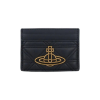 【Vivienne Westwood】秋冬新款 品牌LOGO 絎縫皮革扁平卡夾(黑色)