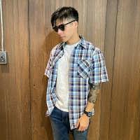 美國百分百【全新真品】Timberland 格紋 短袖襯衫 條紋 上衣 TIM 男 籃格紋 S號 C192