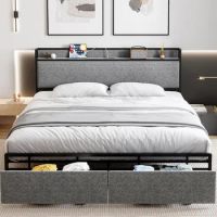 Queen Size Bed Frame with 2 Storage Drawers and Headboard, Upholstered Bed Frame Queen Size with Charging Station