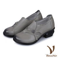 【Vecchio】全真皮頭層牛皮側邊蝴蝶結飾深口粗跟樂福鞋(灰)